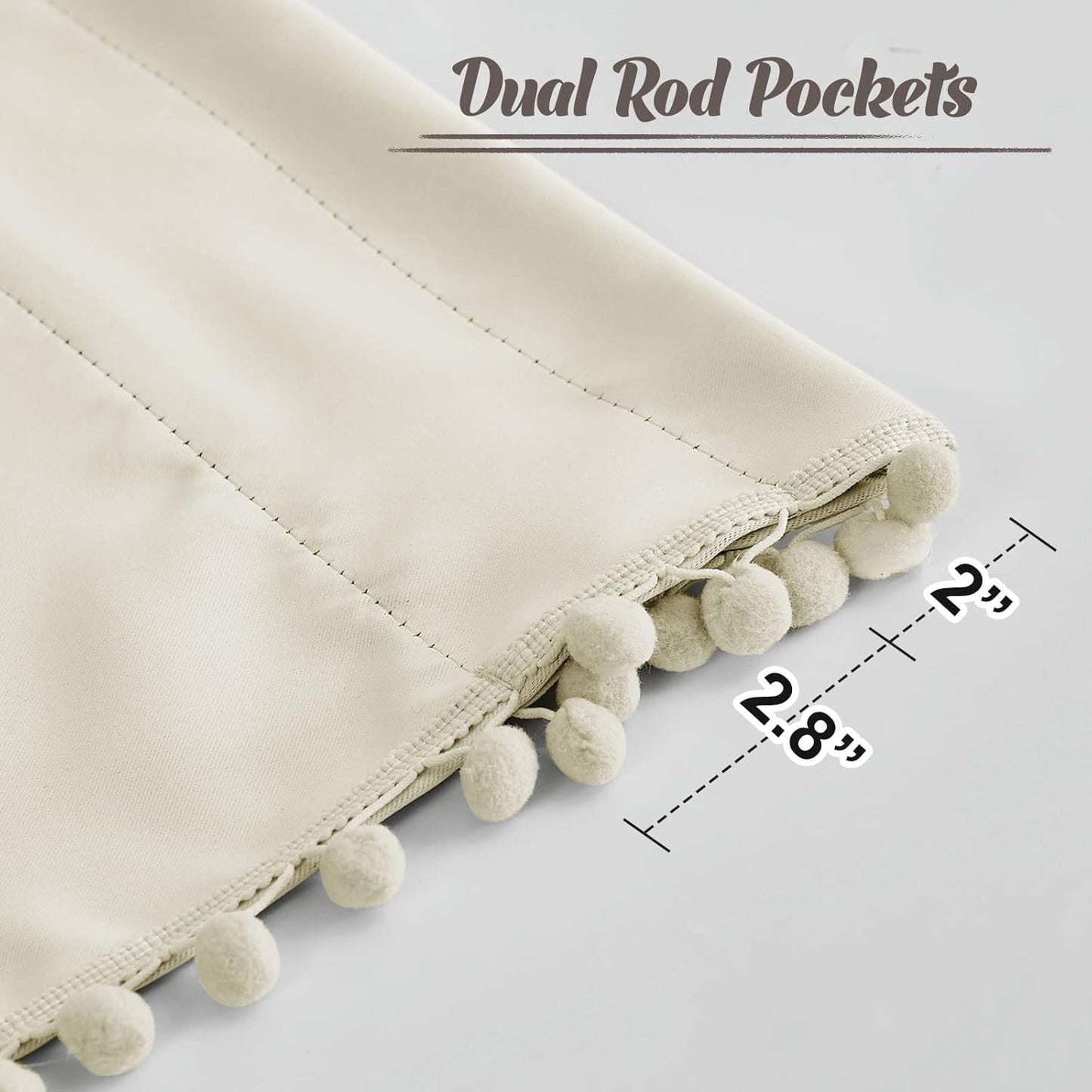 RYB HOME Bedroom Curtains 84 Inches Long Kids Curtains Blackout Window Drapes with Pom Pom Balls Lights & Heat Blocking Drapes for Girls Boys Kitchen Farmhouse, Beige, W52 x L84, Set of 2