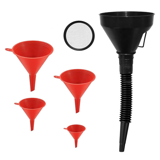 5 Pcs Automotive Funnels Set, Wide Mouth Fuel Funnel, Plastic Long Neck Oil Funnel, Flexible Right Angle Funnels, with Detachable Spout and Filter for Water/Gasoline/Coolant/Engine Oil