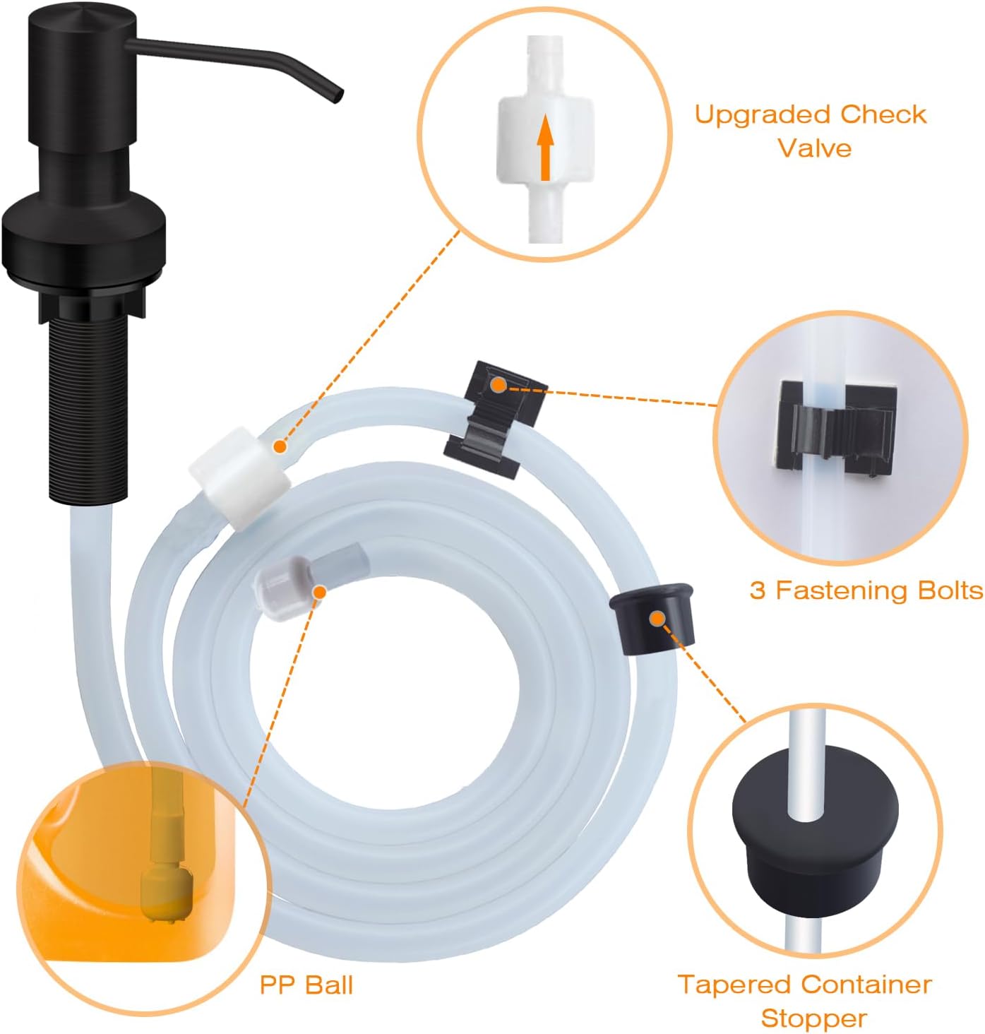 Sink Soap Dispenser for Kitchen Sink, Countertop Built in Sink Soap Dispenser with 47”Extension Tube kit, No Need to Fill The Little Bottle Again (Black)