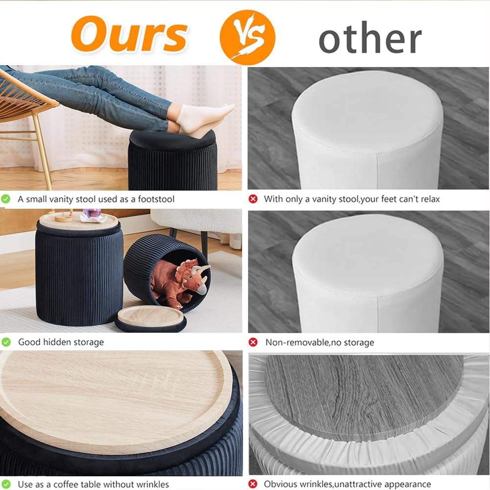 Round Ottoman with Storage Set of 2-Upholstered Velvet Vanity Stool for Makeup Multifunctional Ottomans Coffee Table Padded Seat Foot Rest for Living Room&Bedroom (Black-Upgrade Tray Lid)