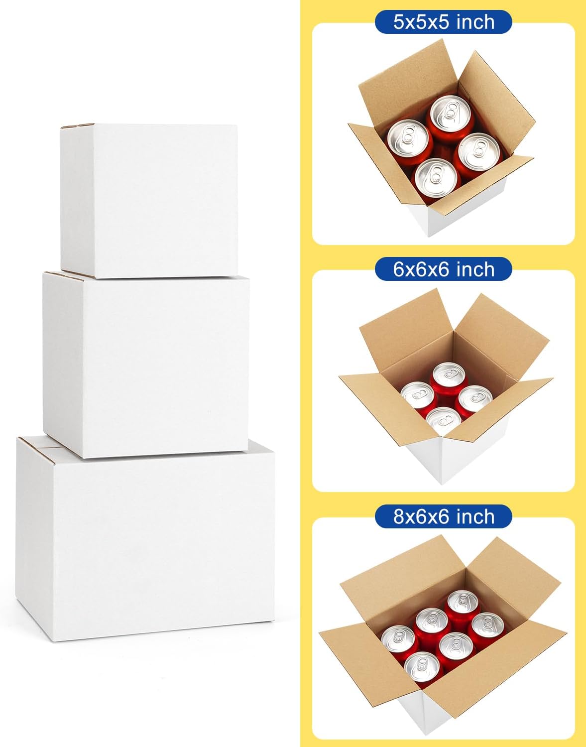 Assorted-Sizes-Shipping-Boxes-45-Pack: 5x5x5 & 6x6x6 & 8x6x6 Small-Shipping-Boxes-Mailers, White Corrugated-Cardboard-Boxes-for-Packing-Small-Business Mailing