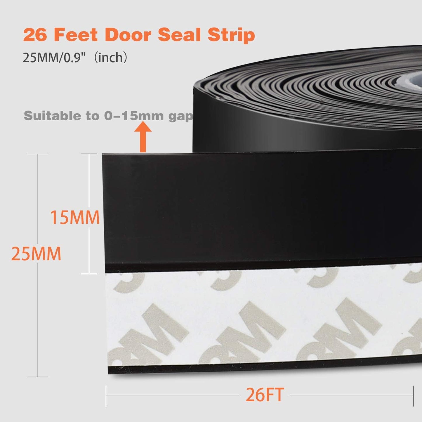 26 Feet Silicone Seal Strip, Weather Stripping Seal Tape for Door, Window & Shower Glass Gaps (Black, 35MM)