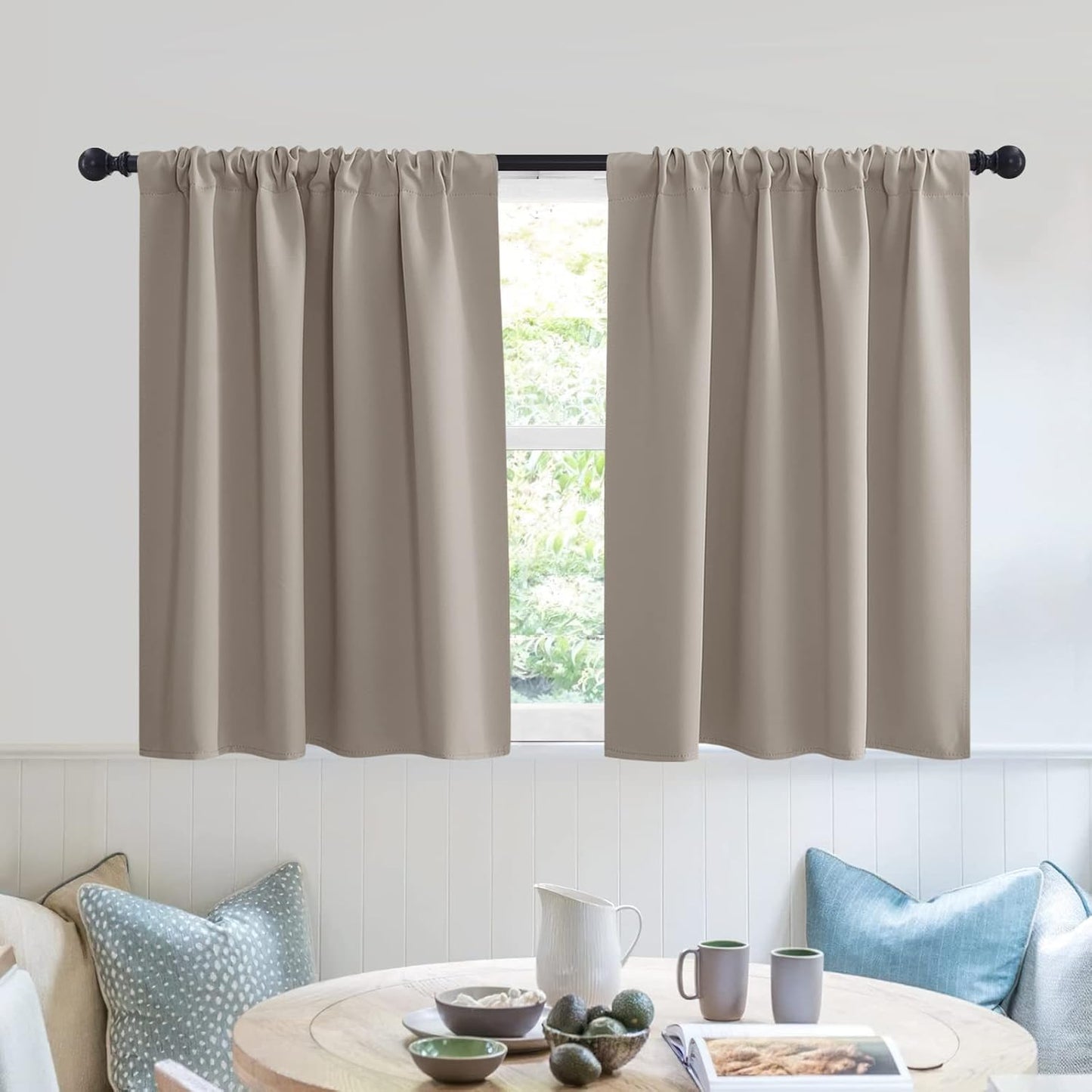 RYB HOME RV Curtains for Camper Windows - Soft Thermal Insulated Small Window Curtain Tiers for Cafe Kitchen Bedroom Basement Glass Door Window, W 42 x L 30 inches, Sand, 2 Panels