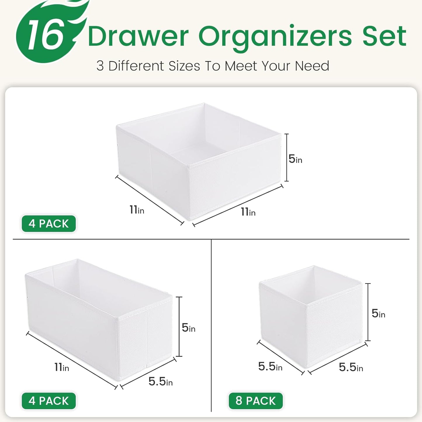 Criusia 16 Pack Underwear Drawer Organizer, Drawer Organizer Clothes, Foldable Cloth Storage Box Closet Dresser Drawer Divider Organizer for Clothes, Scarves (White)