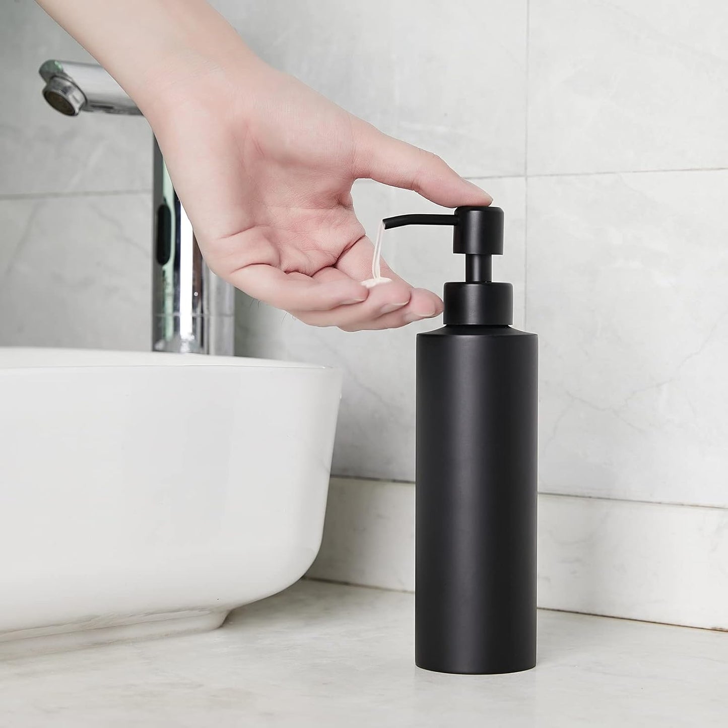 Soap Dispenser, Matte Black with Funnel and Non-Slip Coaster 304 Stainless Steel Metal Pump Hand Sanitizer Bottle for Bathroom, and Kitchen (12oz/350ml)