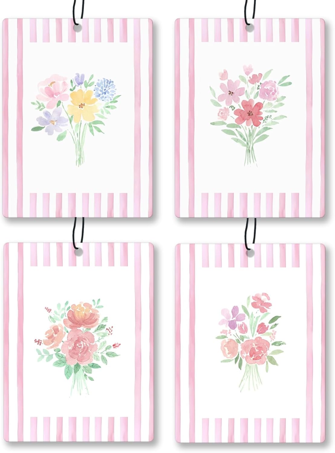 Girly Pink Floral Car Air Freshener 4 Pcs, Preppy Pink Striped Flower Hanging Scents Air Freshener for Women Girls Gifts, Cute Aesthetic Scented Car Accessories Decor for Room Closet Drawer