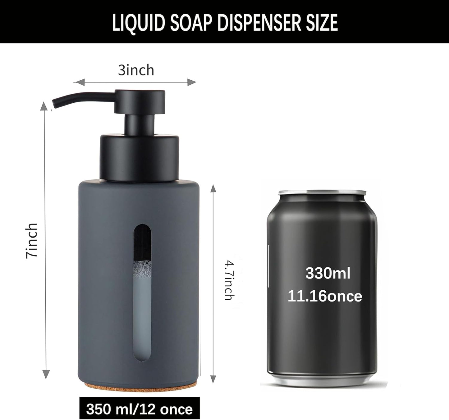 Enra Dish Soap Dispenser with Window,12oz Gary Kitchen Soap Dispenser with Stainless Steel Hand Pump,Glass Liquid Soap Dispenser Modern Lotion Bottle for Bathroom Kitchen(Dark Gray/Liquid Type)