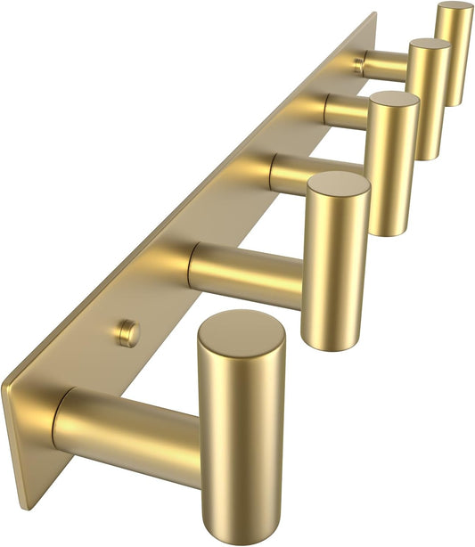 VAEHOLD Hat and Coat Wall Mount Rack - Hooks for Robes, Bags, Keys, and Towels - Bathroom Towel Hanger Organizer (Gold, “T“ Shape 5 Hooks 1 Pack)