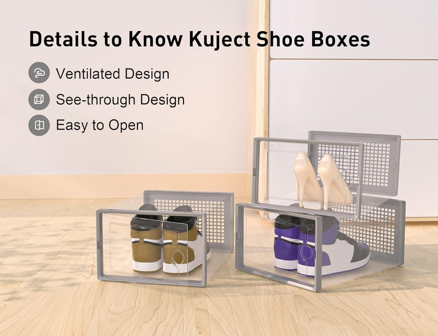 Kuject X-Large Shoe Storage Boxes Organizers Clear Plastic Stackable 12 Pack, Shoe Rack & Holder Substitute, Sneaker Containers, Toy Storage Organizer Bins for Entryway, Closet, Under Bed, Grey