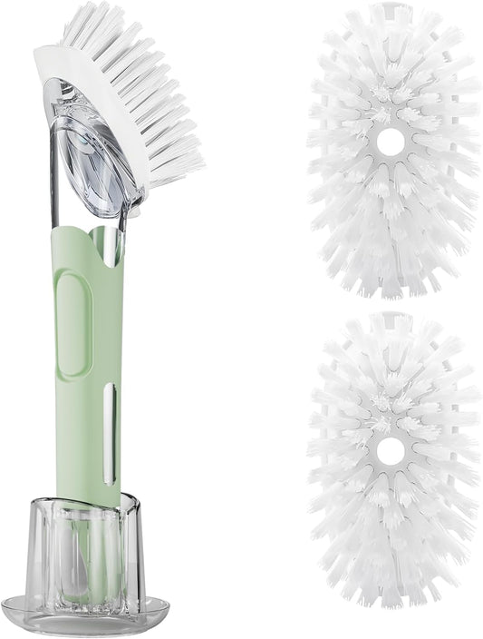 Soap Dispensing Replacement Dish Brush Storage Set with 2 PCS Brush Refills & Holder - RIMAY Dispenser Scrub Cleaning Scrubber Kitchen Dishwashing Dish Wand Handle for Dishes/Pans/Pots/Sink(Green)