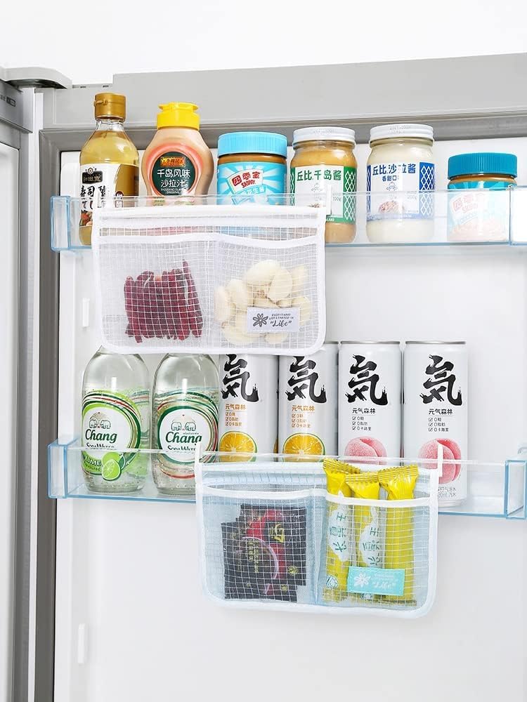 3PCS Refrigerator Door Organizer Set, Fridge Hanging Mesh Bag for Kitchen Storage Bag, Household Sundries Sorting Bag Used to Refrigerator Side Door, Only for Small Objects Containers (White)