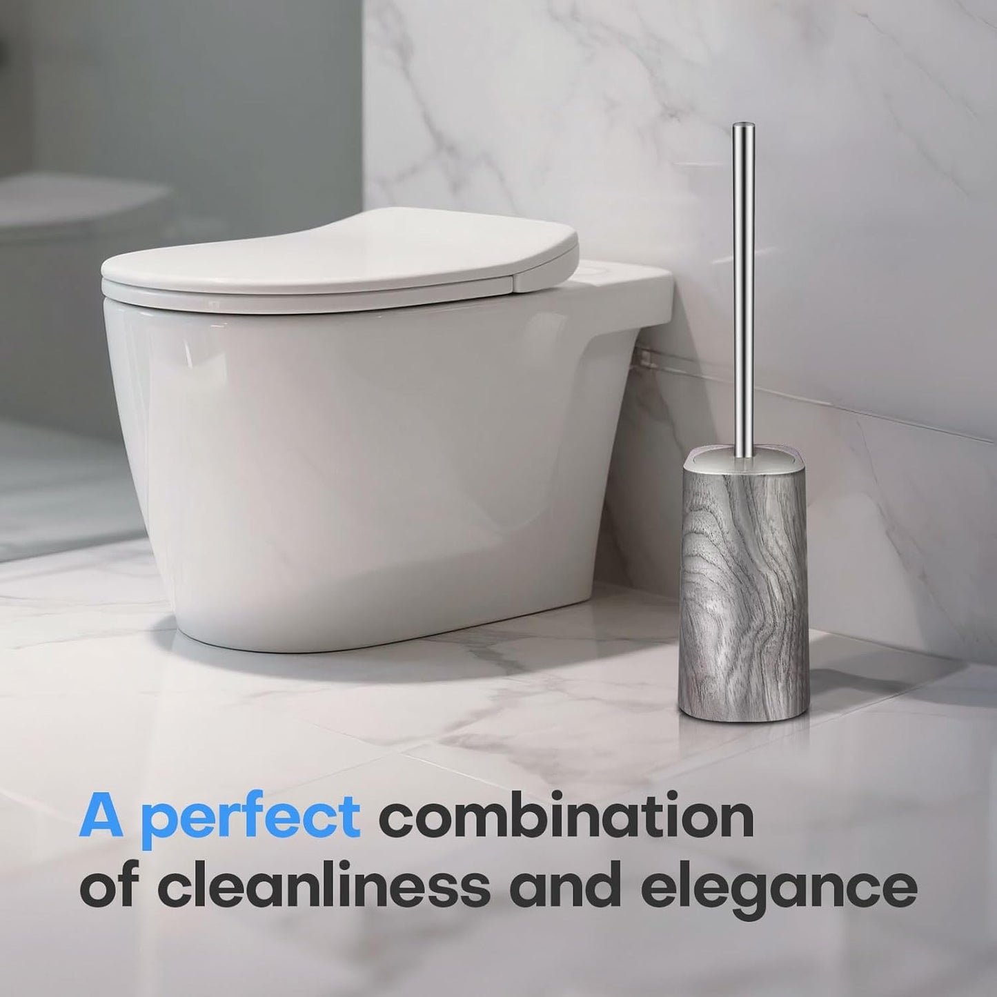 Marble Colored Toilet Brush and Holder Set,Stainless Steel Long Handle and Marble Colored Base for Bathroom Deep Cleaning，Space Saving for Storage，Drip-Proof，Black