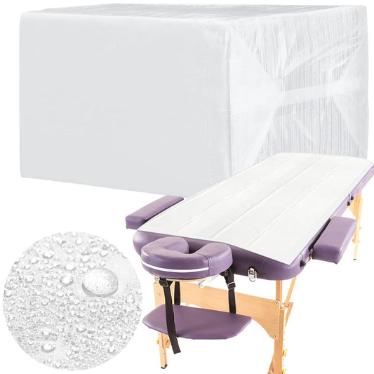 Breling 100 Pcs 31.5 x 71 Inch Disposable Bed Sheets Oil-proof PE Film Massage Table Sheets Non-woven Fabric Spa Waterproof Bed Cover Breathable for Beauty Salon Hotels Tattoo Waxing(White)