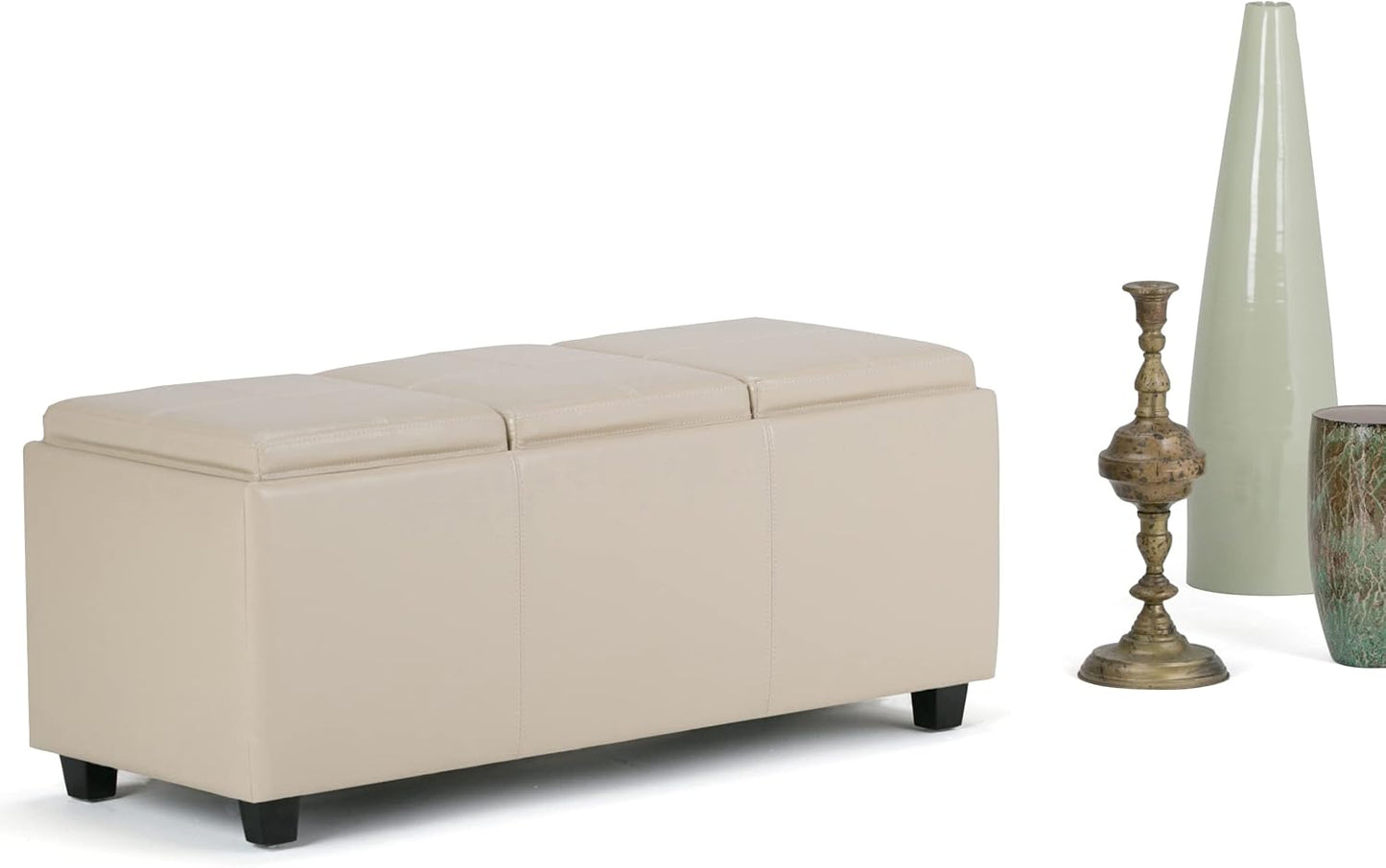 SIMPLIHOME Avalon 42 inch Wide Contemporary Rectangle Storage Ottoman in Satin Cream Vegan Faux Leather, Assembled, for the Living Room, Entryway and Family Room