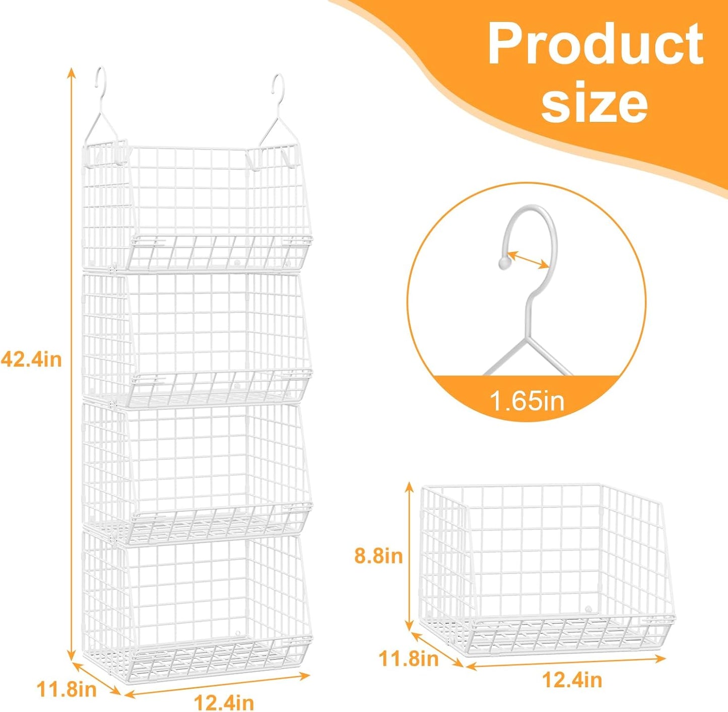 X-cosrack 4 Tier Closet Hanging Organizer, Foldable Closet Shelving with 2 Hanging Hooks 5 S Hooks, Wire Storage Basket for Wardrobe Laundry Room, for Clothing Sweaters Shoes Handbags Patent-White