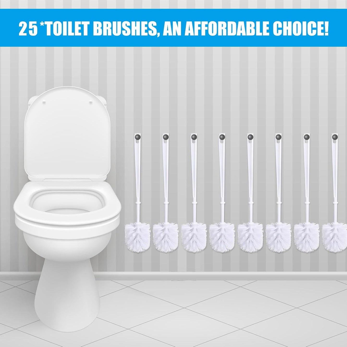 Mimorou 25 Pcs White Toilet Brush, Bathroom Toilet Bowl Brush, Soft Bristle Long Handle Plastic Toilet Scrubber for Bathroom