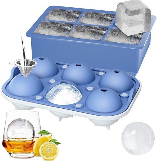 ROTTAY Ice Cube Trays (Set of 2), Sphere Ice Ball Maker with Lid & Large Square Ice Cube Maker for Whiskey, Cocktails and Homemade, Keep Drinks Chilled