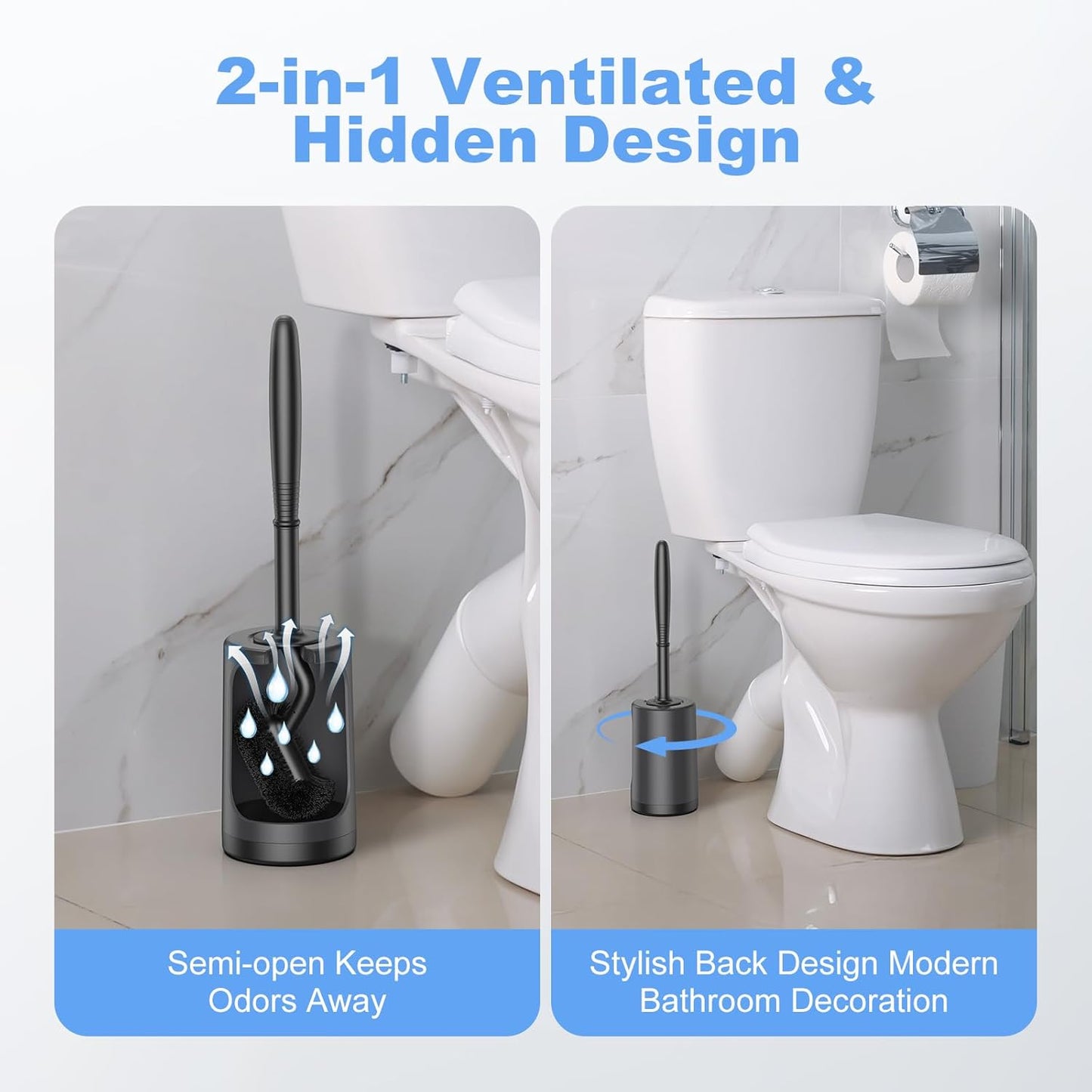 HAMITOR Toilet Bowl Brush Holder Set: Curved Design with Holder for Deep Cleaning Under Rim - Compact Hidden Scrubber for Small Space - Modern RV Bathroom Accessories - Black