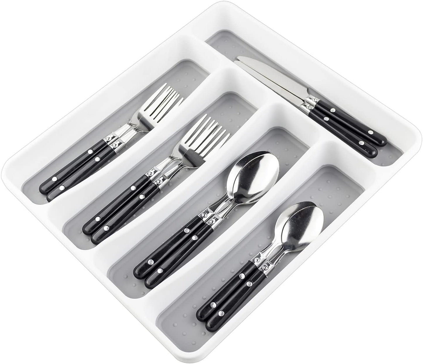 LeMuna Silverware Tray for Drawer, Plastic Cutlery Tray Kitchen Drawer Organizer, 5 Compartment Flatware Cutlery Organizer, Soft-Grip Lining and Non-Slip Rubber Feet