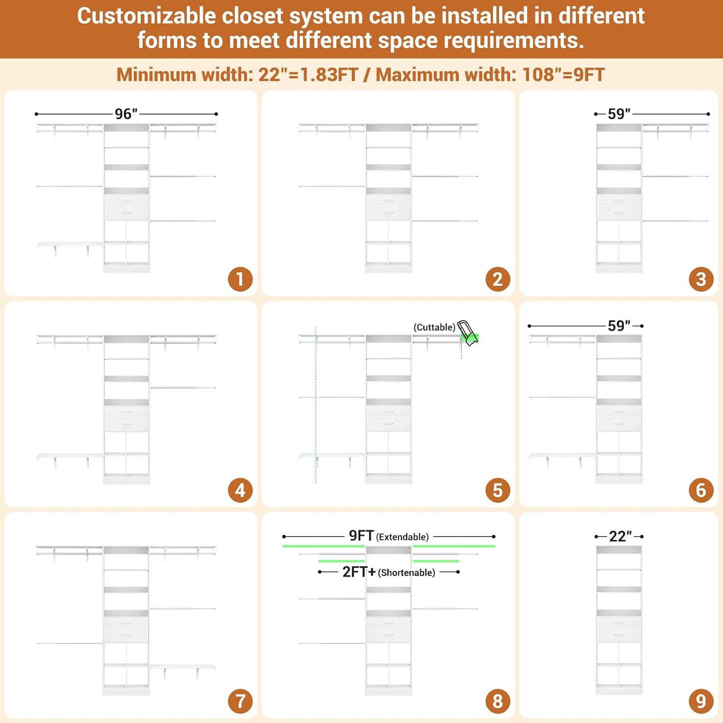 Closet System - 4.75-8FT Closet Organizer System with Wooden Drawers & Cube Storage Organizer, Up To 96" Closet Systems for Nursery & Walk-In Closets with Cuttable Hanging Shelving, White