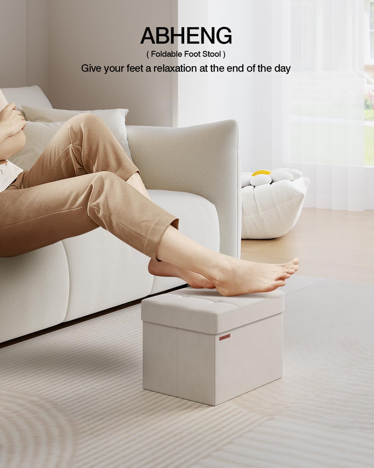 Folding Storage Ottoman, Velvet Storage Bench, Footrest, End Stool, Foot Stool,for Living Room, Bedroom and Office,12.2 x 16.1 x 12.2 Inches, 300 kg Load Capacity,Cream White, UASND03W