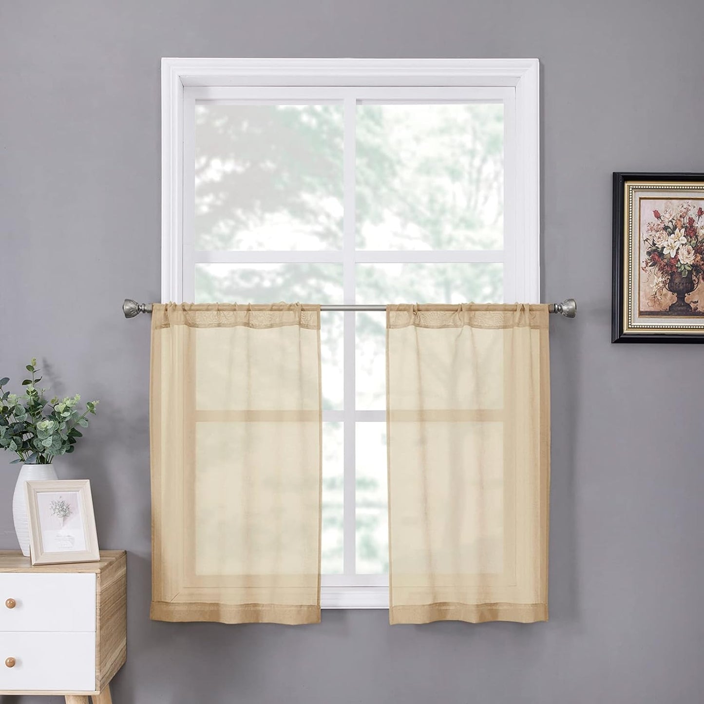 Tollpiz Sheer Tier Curtains Kitchen Linen Textured Half Curtain Sheers Light Filtering Rod Pocket Voile Bathroom Short Curtains for Farmhouse, 25 x 30 inches Long, Beige, Set of 2 Panels
