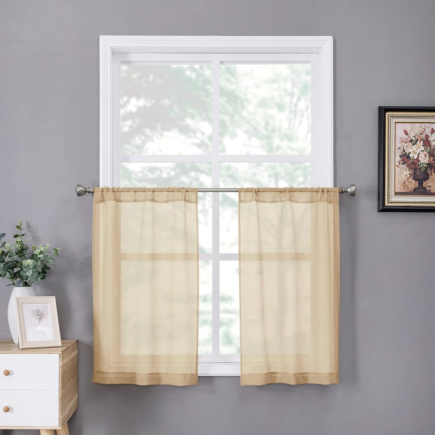 Tollpiz Short Sheer Tier Curtains Linen Textured Half Kitchen Curtain Sheers Light Filtering Rod Pocket Voile Small Curtain for Bathroom, 25 x 24 inches Long, Beige, Set of 2 Panels