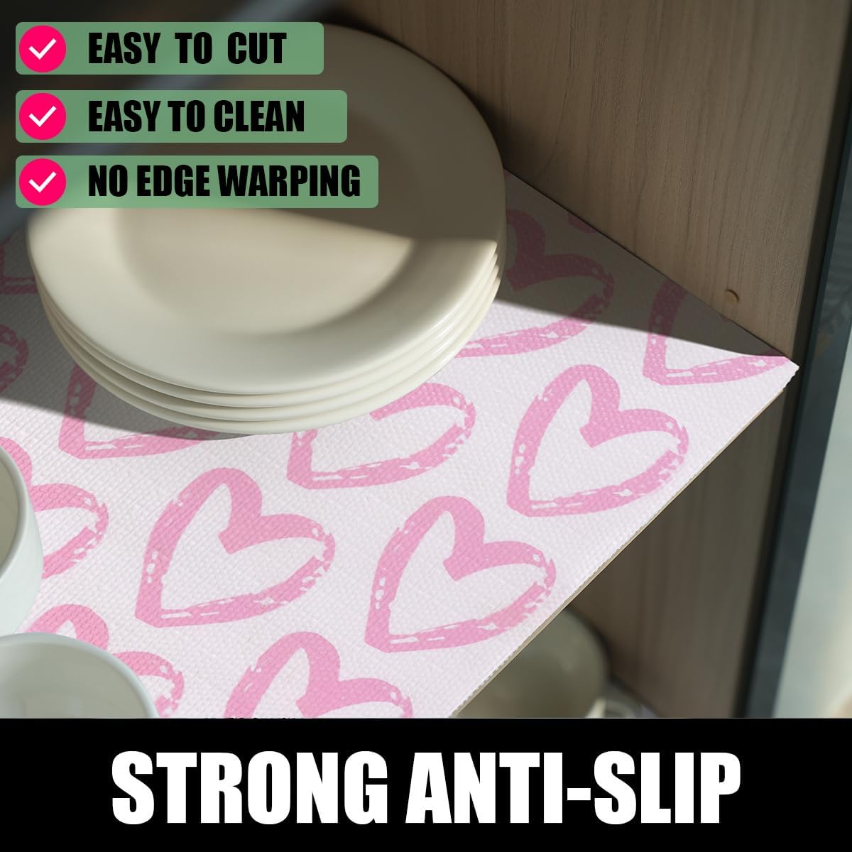 Heart Drawer Liner for Cabinets 16IN x 10FT,Shelf Liner Non-Adhesive and Strong Non-Slip Cabinet Drawer Liners for Kitchen,Table,Bookshelves,Waterproof Cupboard Liners,Pink