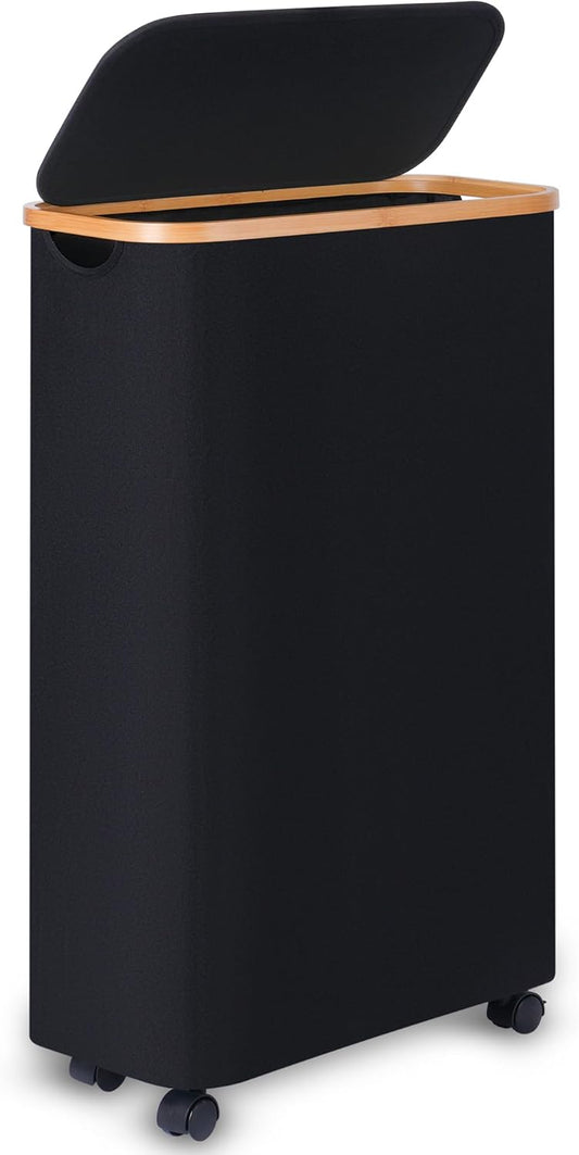 Slim Laundry Hamper with Wheels,Narrow Hampers for Laundry,Freestanding Laundry Basket with Lid&Bamboo Handles,Collapsible & Waterproof Tall Cloth Hamper for Dorm Family(60L,Black)