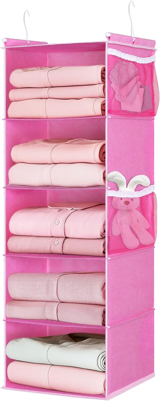 MAX Houser 5-Shelf Hanging Closet Organizer, Hanging Storage Shelves with 4 Side Pockets Space-Saving for Bedroom, Foldable (Pink)