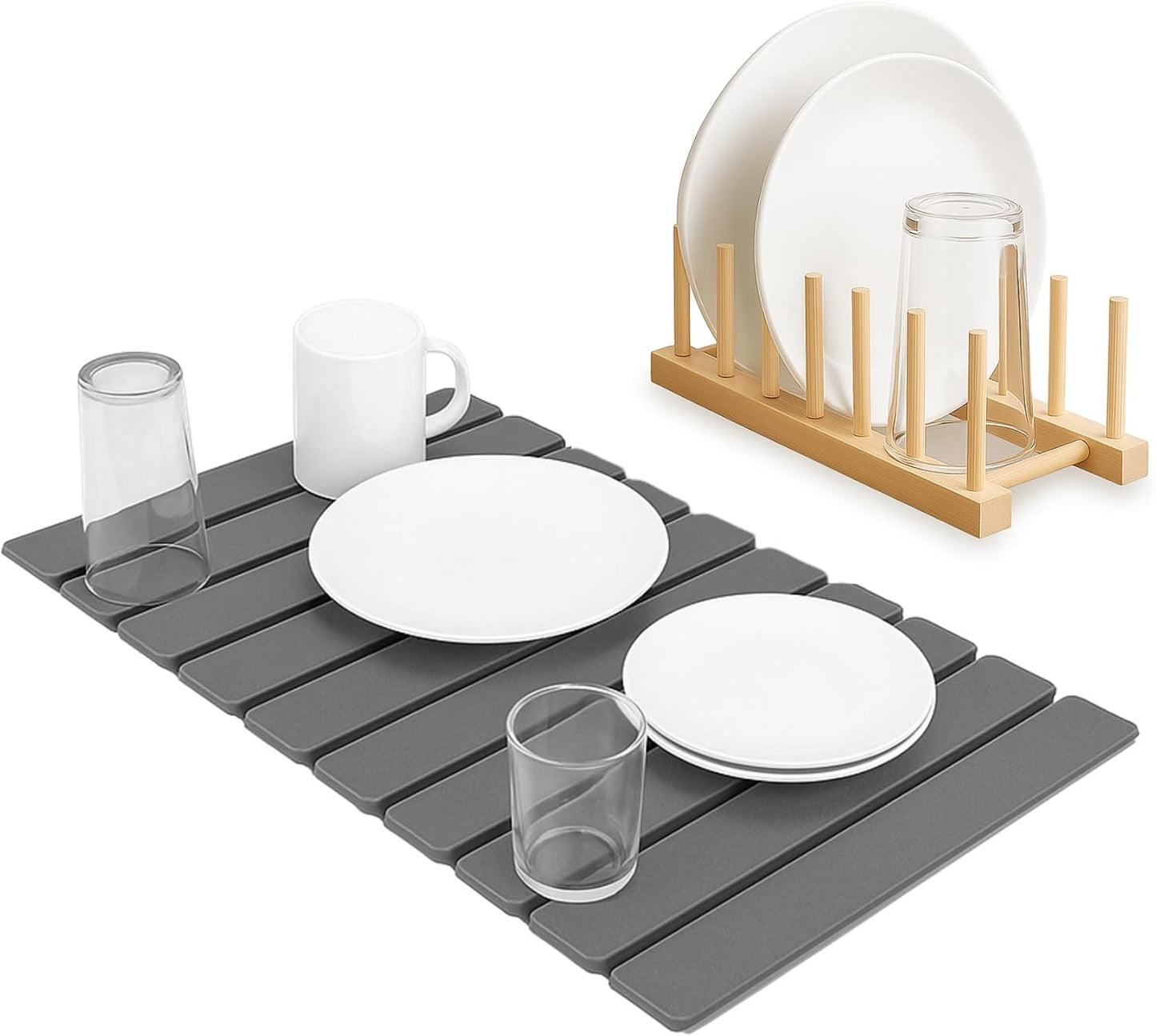 Stone Dish Drying Mat – Large 24×16 Quick Dry Stone Mat Kitchen, Diatomaceous Earth Dish Drying Mat for Kitchen Counter with Wooden Drying Rack, Fast Drying Stone Mat, Eco-Friendly & Super Absorbent