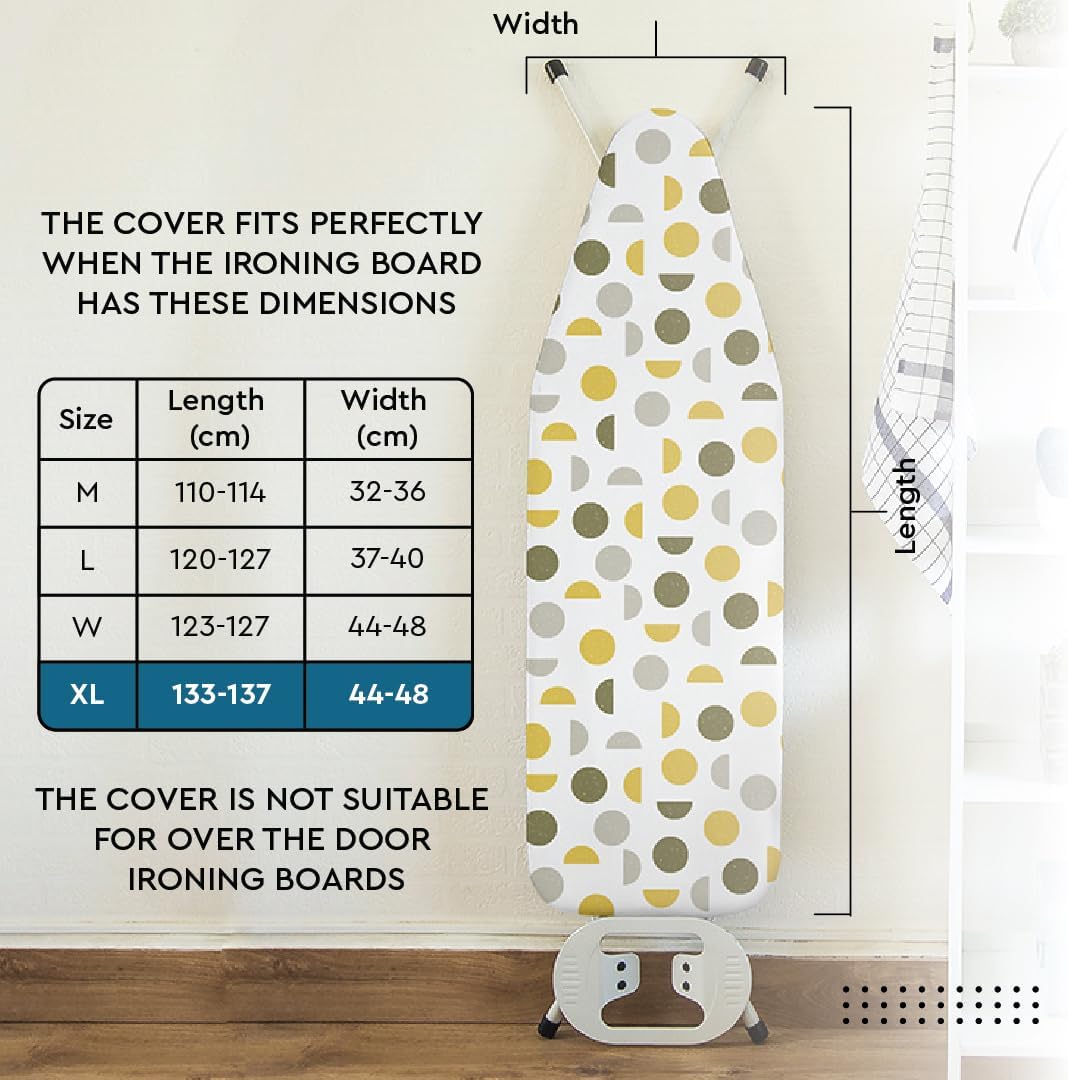 Encasa XO Ironing Board Cover and Pad 57"x22" - Thick 3mm Felt Padding, Drawstring Tightening & Lock, Easy Fit, Scorch & Stain Resistant, Fits X-Large Ironing Board - Daisy Beige