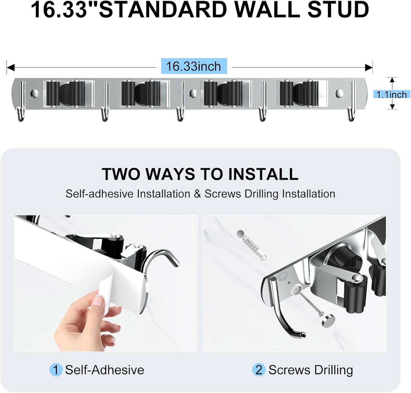 nacena Broom holder Wall Mount, 2-Pack Stainless Steel Self-Adhesive Mop and Broom Hooks Heavy Duty Broom and Mop Storage Rack laundry room organization Garage Organizer for Kitchen Garden garage