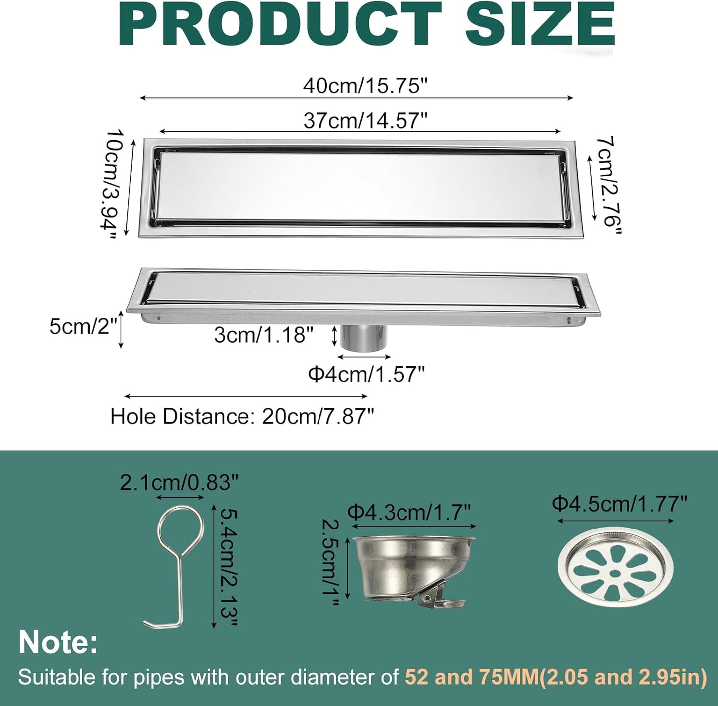 uxcell Rectangular Shower Drain, Brushed 304 Stainless Steel Odor-Proof Floor Drain Linear Shower Drain Hair Catcher for Bathroom Kitchen and Laundry Room(16 Inch, Brushed Silver)