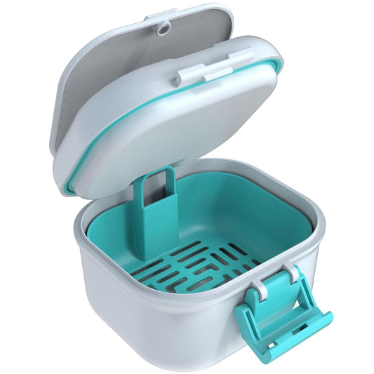 ARGOMAX Leak Proof Denture Bath Cup, Portable Soaking Denture Box, Denture Bath Case with Strainer, for Dentures and Braces, Upgraded Version with Storage Compartment (White + Cyan).