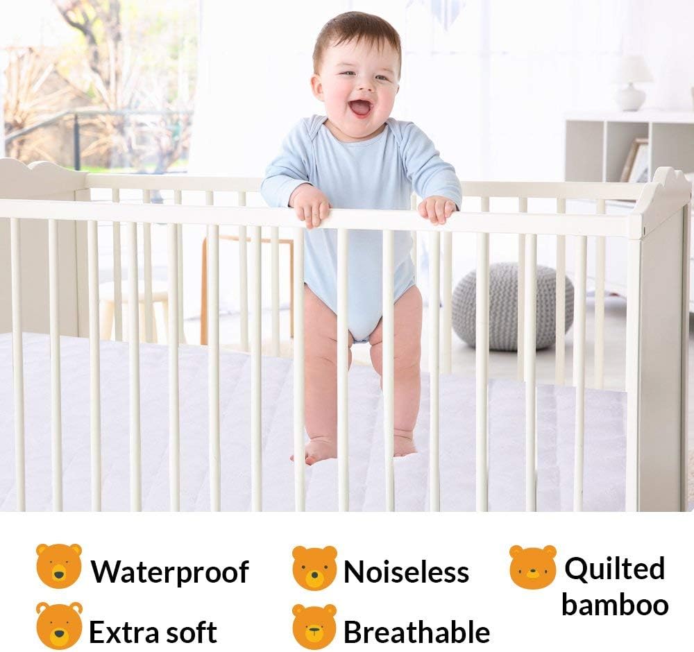 Crib Mattress Protector 100% Waterproof, Noiseless – Viscose Made from Quilted Ultra Soft White Terry Fitted Sheet Style (28"x52")