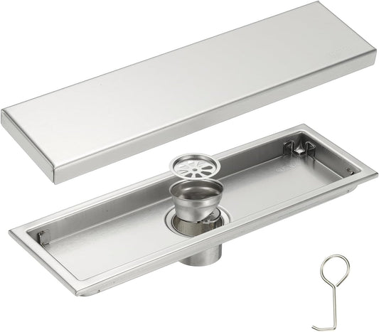 uxcell Rectangular Shower Drain, Brushed 304 Stainless Steel Odor-Proof Floor Drain Linear Shower Drain Hair Catcher for Bathroom Kitchen and Laundry Room(12 Inch, Brushed Silver)