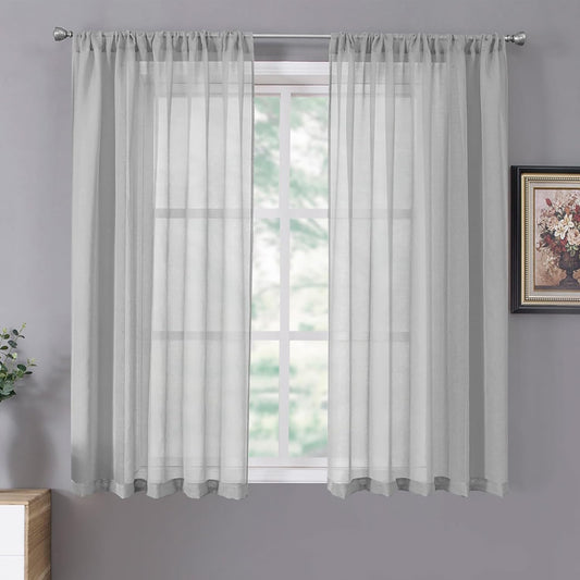 Tollpiz Short Sheer Curtains Linen Textured Bedroom Curtain Sheers Light Filtering Rod Pocket Voile Curtains for Living Room, 54 x 45 inches Long, Silver Grey, Set of 2 Panels