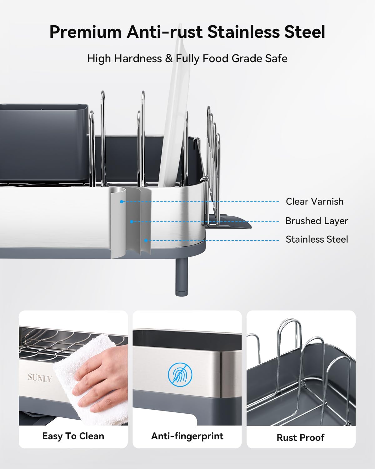 SUNLY Expandable Dish Drying Rack, Versatile Brackets for Pots & Pans, Space Saving Kitchen Drying Rack, Dish Racks for Kitchen Counter, Stainless Steel Dish Drainers with Extendable Spout, Gray