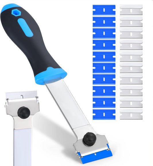 Razor Blade Scraper Tool with 10 Pcs Extra Replacement Metal and 10 Pcs Plastic Razor Blades, Long Handle Scraper Tool for Cleaning Cooktop, Paint, Tile, Window Glass Scraper