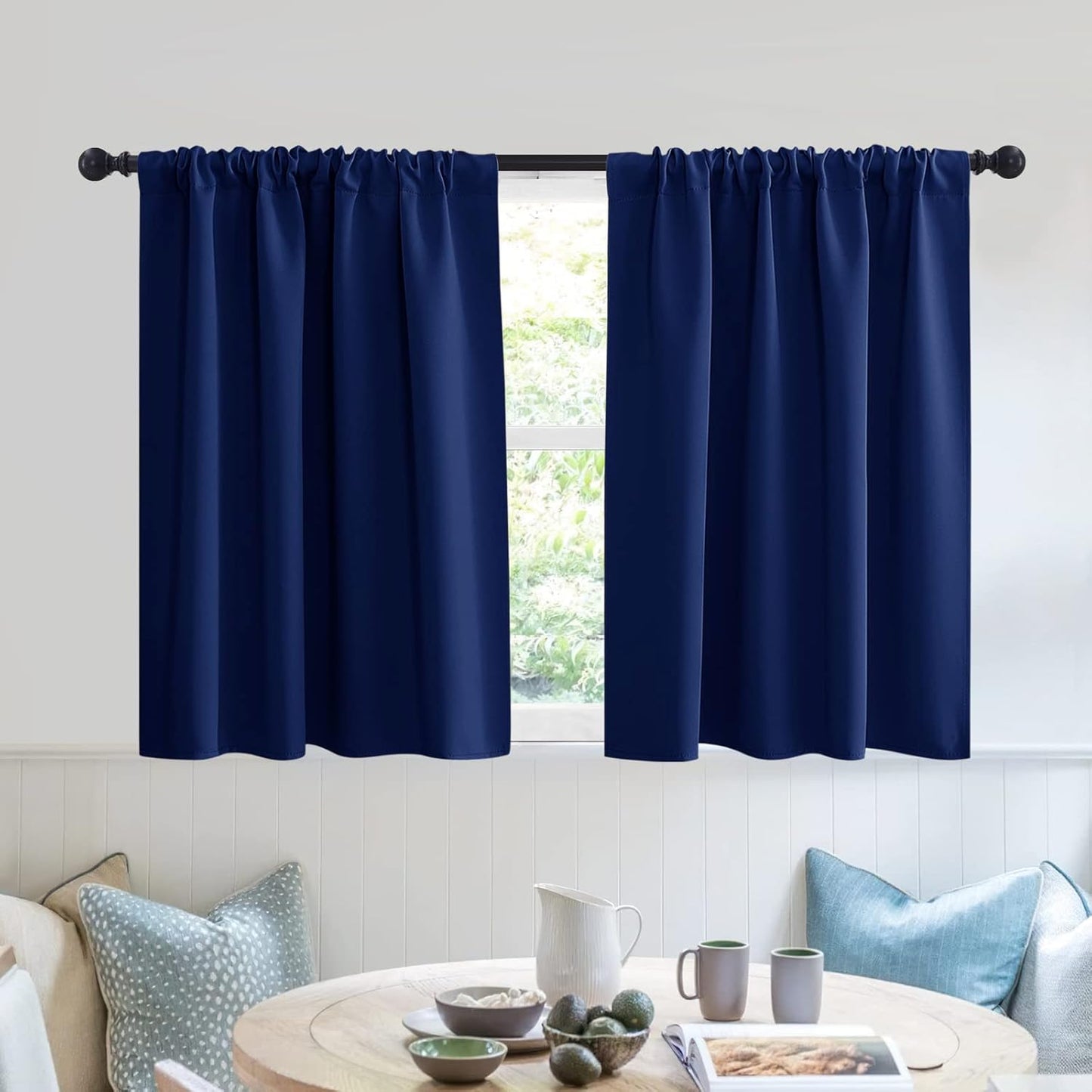 RYB HOME RV Curtains for Camper Windows - Soft Thermal Insulated Small Window Curtain Tiers for Cafe Kitchen Bedroom Basement Glass Door Window, W 42 x L 30 inches, Marine Blue, 2 Panels
