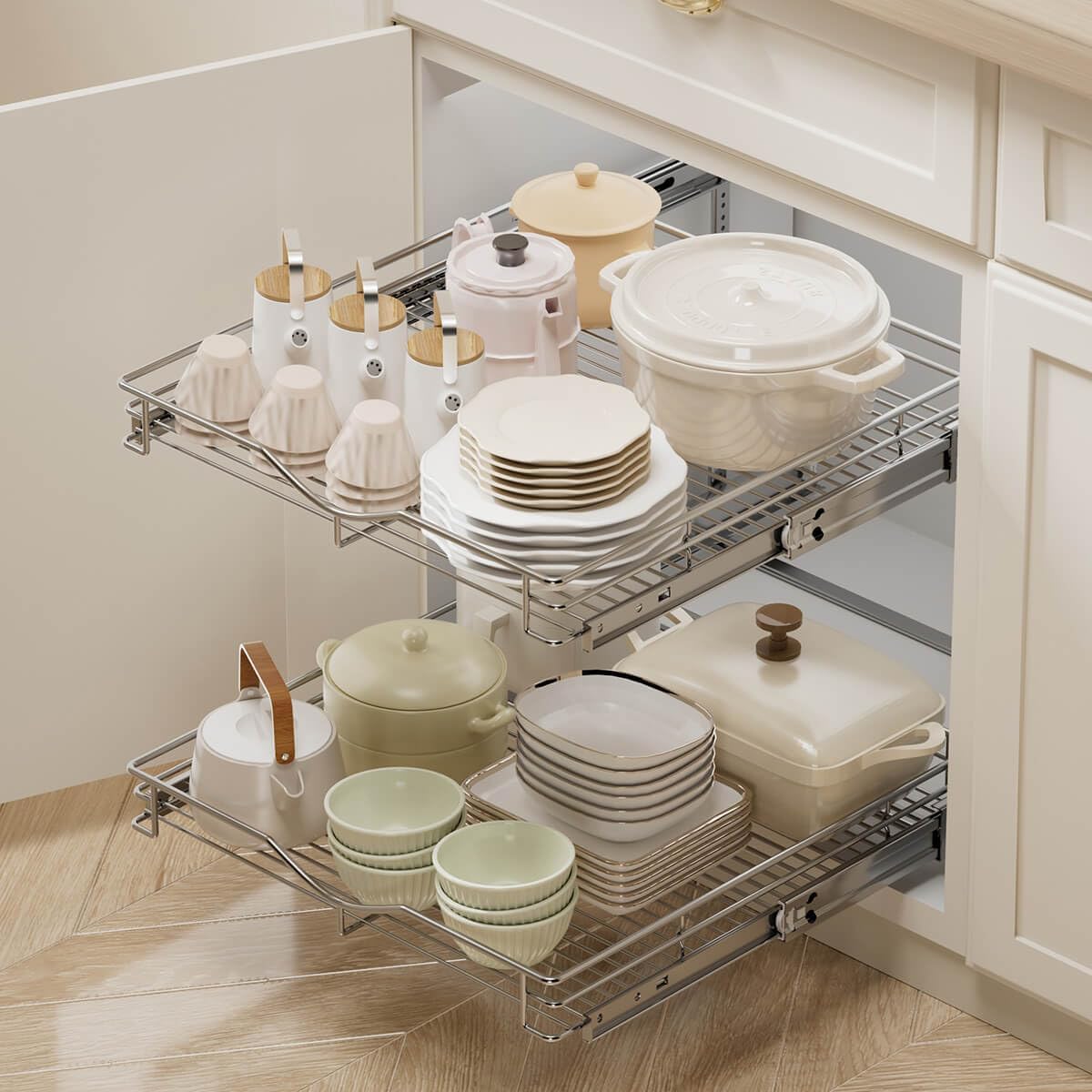 OCG 2 Tier Pull Out Cabinet Organizer (22.5" W x 21.5" D), Pull Out Drawers for Kitchen Cabinets, Pull Out Shelves for Base Cabinet Organization in Kitchen Bathroom Pantry, Chrome Finish