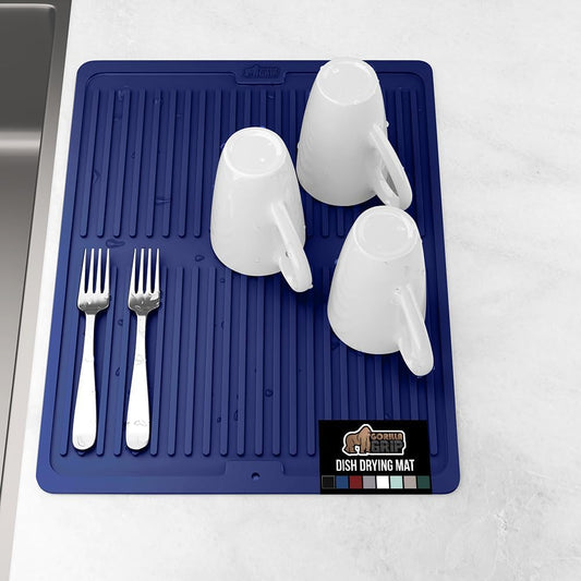 GORILLA GRIP 100% BPA-Free Patented Silicone Dish Drying Mat for Kitchen Counter, Water Catching Ribbed Design, Easy Clean Waterproof Sink Liner, Heat Resistant, Fits Under Rack, 16x12 Inch, Blue