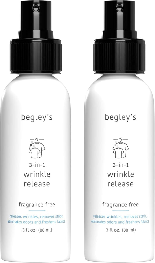 Begley's 3-in-1 Wrinkle Remover, Quick Fix Wrinkle Release, Static Cling Remover, Odor Eliminator and Fabric Refresher Spray - USDA Certified Biobased - Fragrance-Free, 3 oz Travel Size
