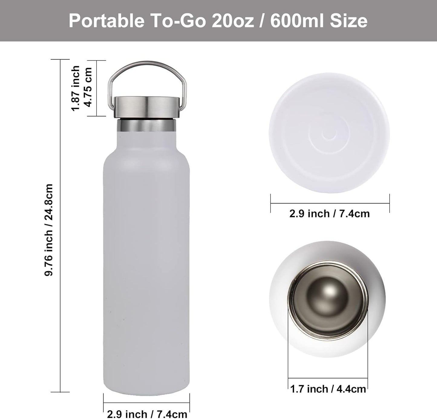 Neihepal 20 oz Insulated Water Bottles Bulk 2 Pack,Stainless Steel Double Wall Sport Bottle with Lid of Handle,Metal Reusable Thermoses Flask with Cup Cap for School,Cyclists,Gift (White,Set of 2)