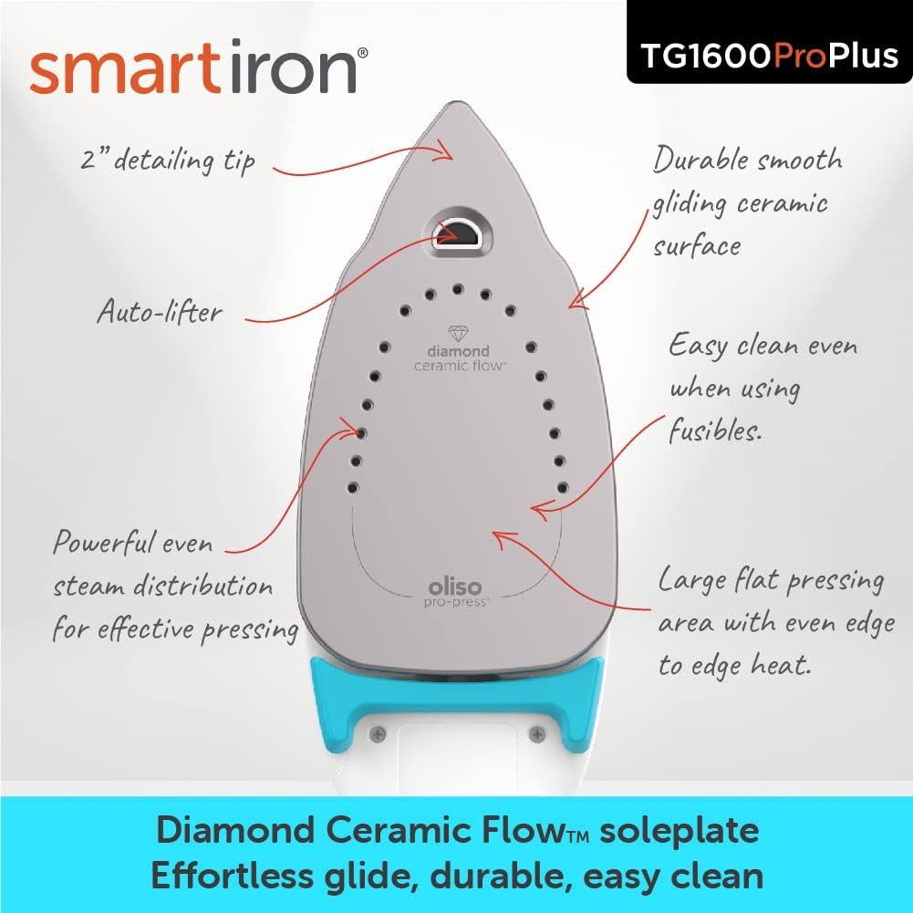 oliso TG1600 ProPlus Smart Iron with Auto-Lift – 1800 Watt Steam Iron for Clothes, Sewing, Quilting & Crafting – Diamond Ceramic-Flow Soleplate, Turquoise