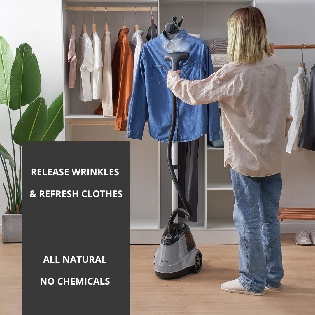 True & Tidy Heavy Duty Commercial Full Size Standing Garment Steamer for Clothes with Extra Large 2.9L (98 oz) Water Tank for 90+ mins of Steam Time, 1800 watts of Powerful Steam, 3 Settings, Gray