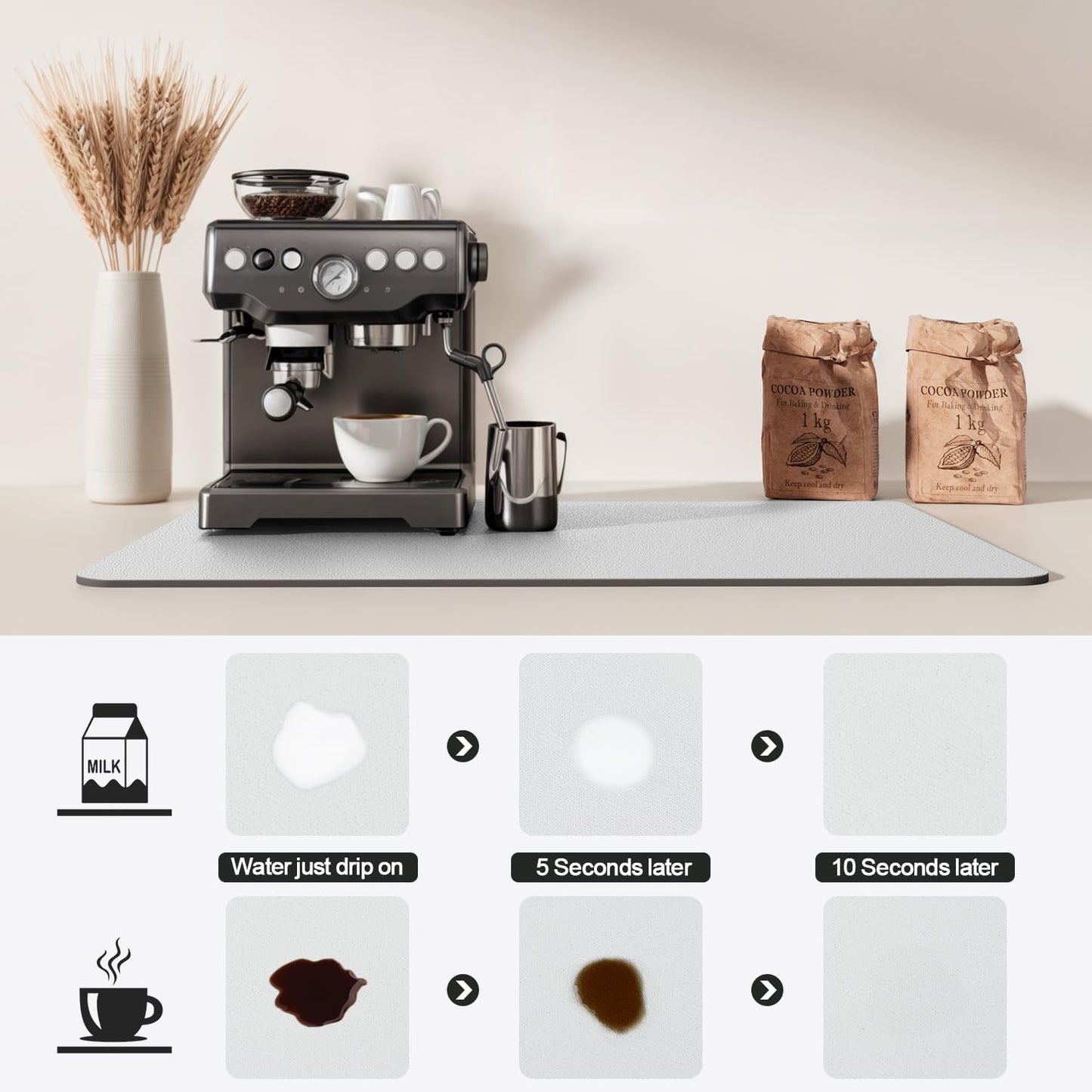 Dish Drying Mat for Kitchen Counter | Coffee Bar Mat for Countertops | Heat Resistant Drainer Mat with Non-slip Rubber Backed | Hide Stain Kitchen Absorbent Draining Mat | Light Grey 18"x32"