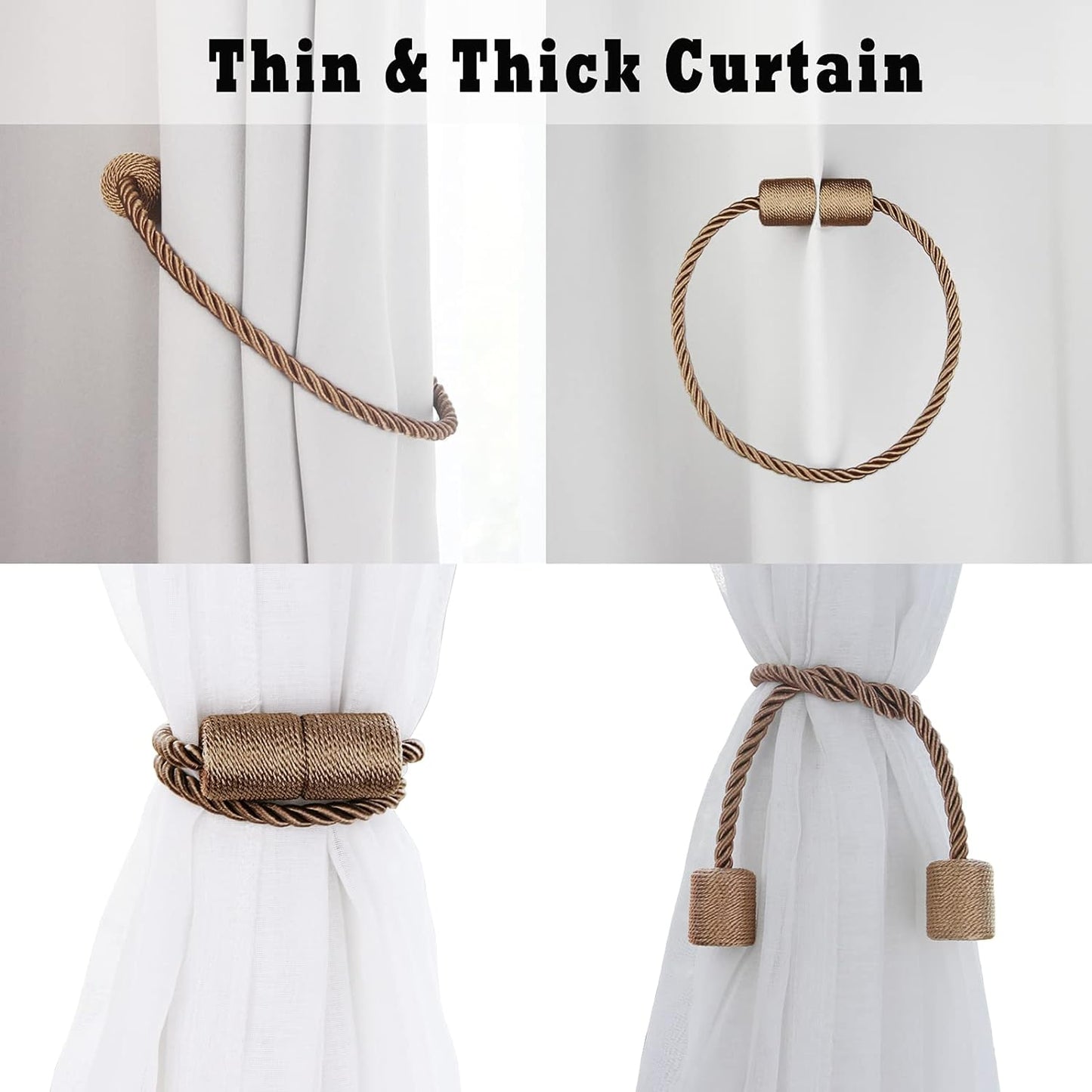 4 Pack Strong Magnetic Curtain Tiebacks Outdoor Elegant Decorative Tie Backs Modern Rope Tiebacks for Drapes Window Curtain Holdbacks for Draperies- Khaki