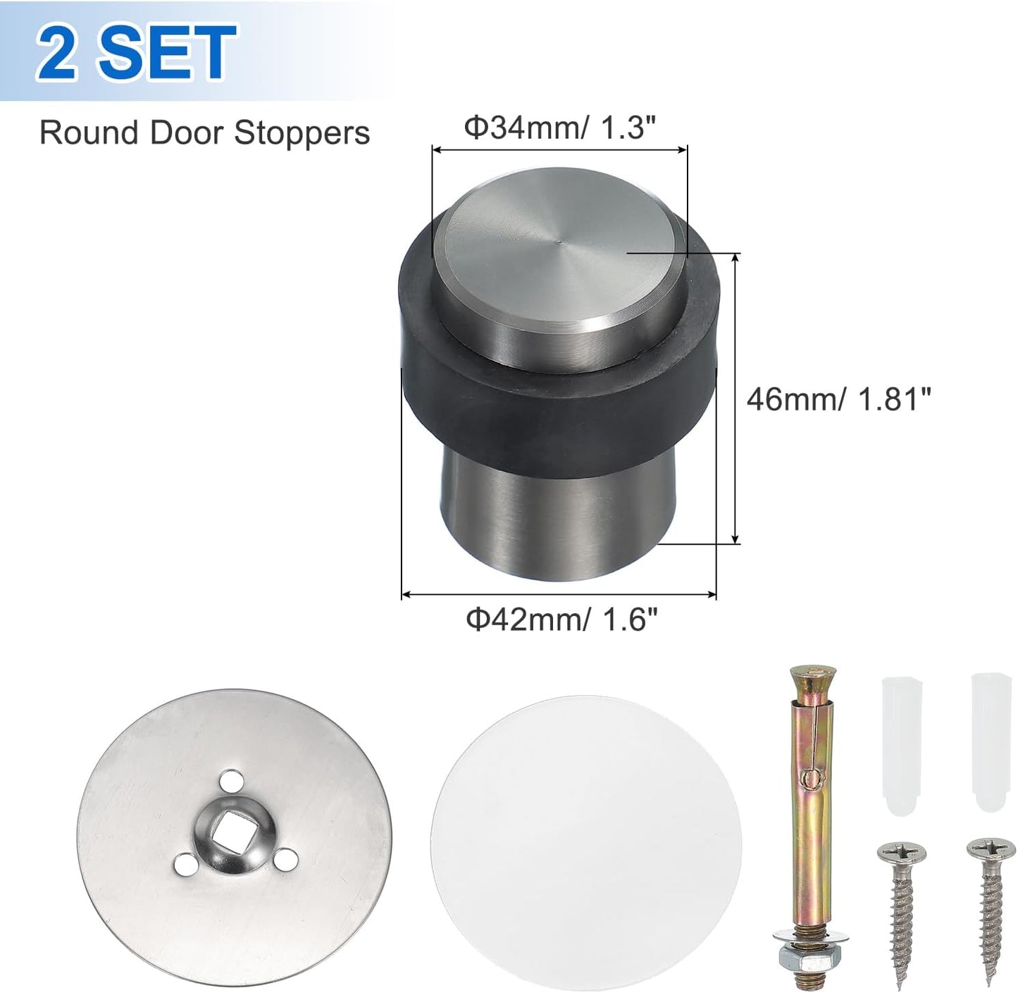 PATIKIL 2Set Round Door Stoppers, 46mm Stainless Steel Door Stop Doorstop Wedge Metal Cylinder Self Adhesive with Screw for Bottom of Door Floor Inside, Gray